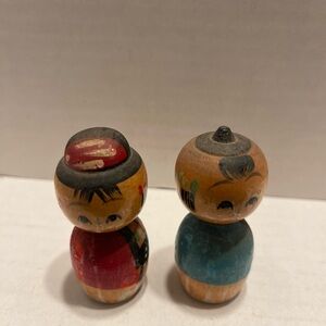 Vintage old Wooden Kokeshi Dolls - Red and Blue
